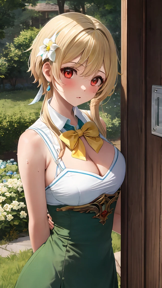1girl, solo, luminedef, cleavage, (glowing red eyes)
BREAK (green dress with a yellow bow tie and earrings:1.2),
BREAK (perspire,Sweat a lot,Blushlush,Be red in the face,Blushlush),Stand at the door of the phone booth,arms behind back,
BREAK ball gown, in the garden of trees, wedding decorations,
BREAK ((top quality, 8k, masterpiece: 1.3, ultra hd, high quality, best quality, high definition, realism)), sharp focus: 1.5, Beautiful woman with Slim body, (perfect hands, perfect anatomy),