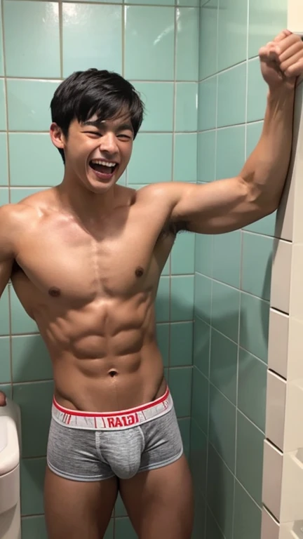 masterpiece、Japanese men、、Muscles and smooth skin、Very short black hair、A relaxed and friendly smile、Vivid colored thin boxer briefs、The whole body is well visible、Fist pump in the bathroom、Laughing with mouth open
