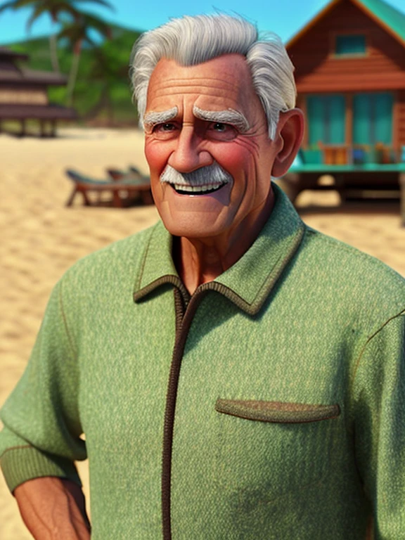 Pixarstyle A waist-high portrait of an elderly man with beach clothes, smile, natural skin texture, 4K textures, HDR, intricate, highly detailed, sharp focus, cinematic look, hyper-detailed