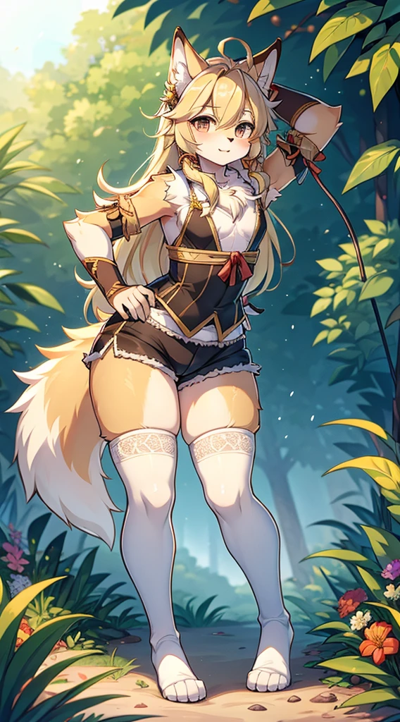 Wolf Boy，Wolf-eared boy，bow箭手少年，Hunter Junior，furry，furry，hairy，Blonde hair all over，Golden fur，Golden fur，绿色bow箭手服装，Long hair，blond，hunter costume，hunter costume，furry，白色丝绸Knee socks，Knee socks，蕾丝花边Knee socks，Lace style decoration，shorts，蕾丝花边shorts，运动shorts，皮革shorts，Big Ass，Pseudo-sissy ass，femboy，绿色hunter costume，Forest Background，Jungle Background，Outdoor Background，bow，手持bow，Archery pose，Archery pose，手持bow，bow箭，flat chest，Chest wrap