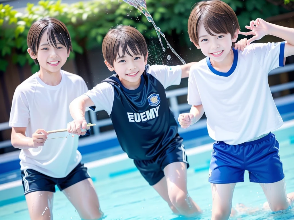 hot summer、、Summer swimming pool、It is sunny、Pouring water on each other、Audible laughter、A lot of boys、Get wet all over、Japan Boy、Glowing water splashes、Pool lessons、Boy playing in water、The happy boys、Strong sunlight、Short sleeve gym uniform、Blue shorts、barefoot,There are only boys 、10Year old boy、9Year old boy、Highest quality、masterpiece