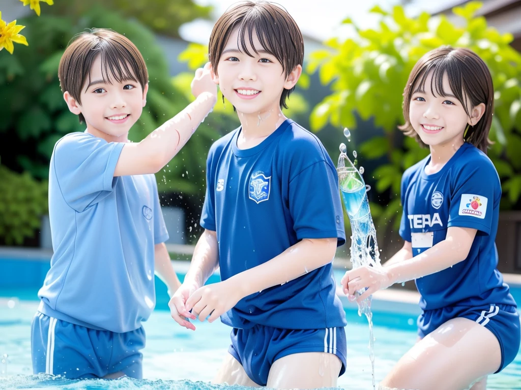 hot summer、、Summer swimming pool、It is sunny、Pouring water on each other、Audible laughter、A lot of boys、Get wet all over、Japan Boy、Glowing water splashes、Pool lessons、Boy playing in water、The happy boys、Strong sunlight、Short sleeve gym uniform、Blue shorts、barefoot,There are only boys 、10Year old boy、9Year old boy、Highest quality、masterpiece