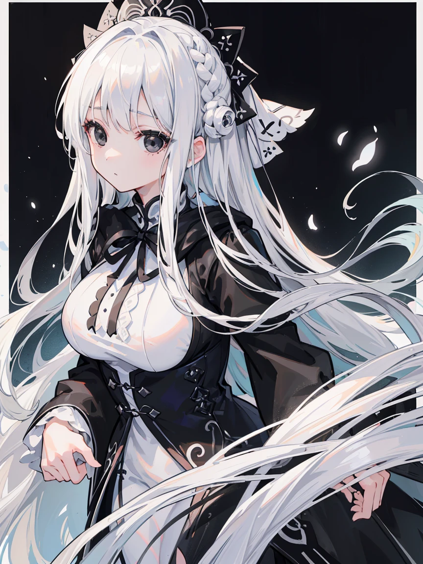 (Top image quality)、(Very detailed)、(Facing forward)、Top quality、masterpiece、(((1 girl )))、Silver Hair、White hair、((Long hair))、Weaving、(black eyes:1.6)、(White and black cheongsam)、Hooded dress、Lots of decorations、Lots of ribbons、White Ribbon、ruthless、Fluffy loose hair