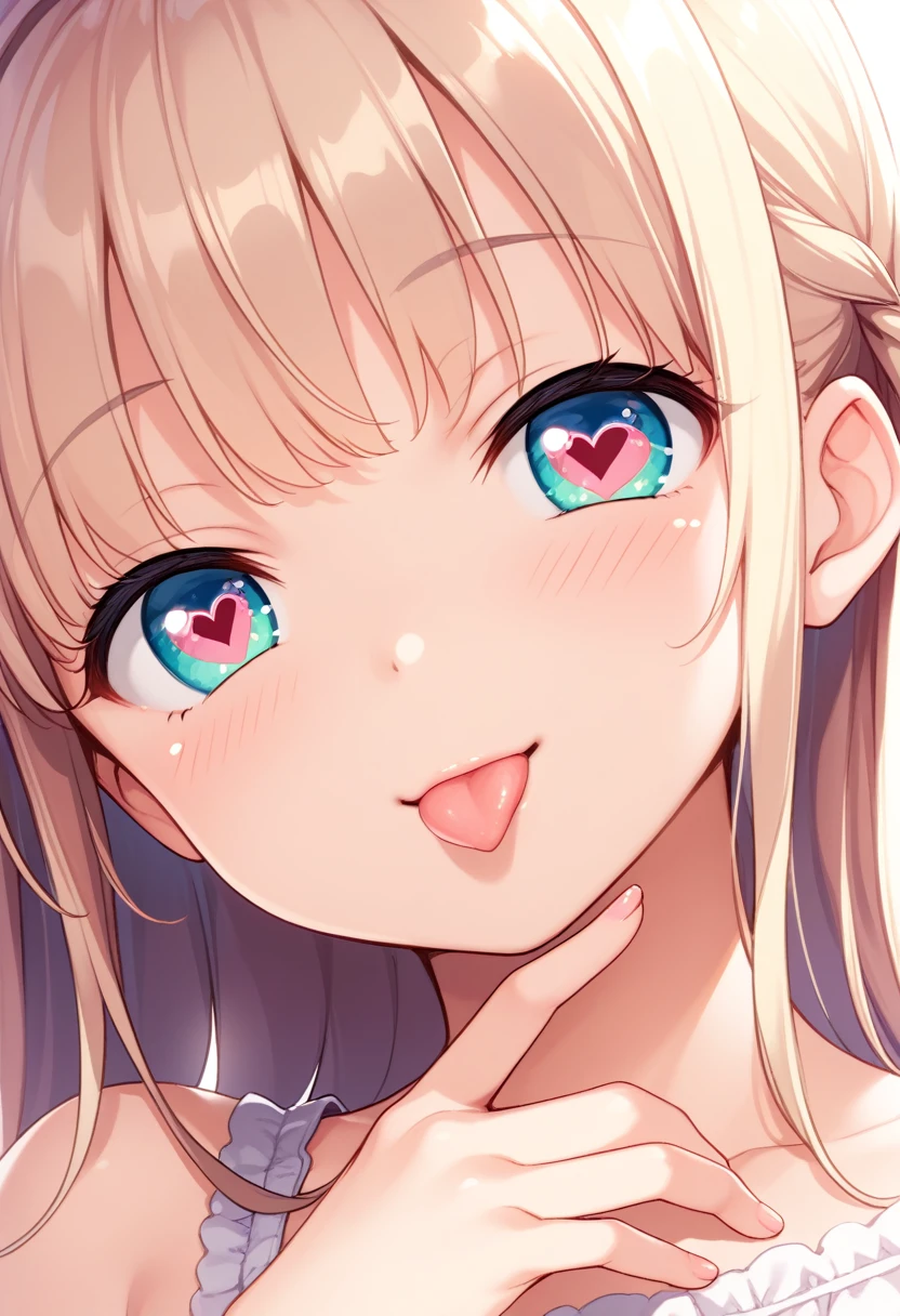 1girl, tiny girl, young girl, mesugaki, mesugaki smile, Teasing, naughty looks, heart eyes, a cute anime girl sticking out her tongue and winking, playful expression, tehepero pose, tidy, Focus on the girl, glossy skin, oily skin, Close-up of the face, Masterpiece:2, Top Quality, high Quality, Very Detailed, ultra High Resolution, super High Resolution, Beautiful Detail, Dynamic angles, perfect lighting, 8k, Animation Style, cartoon style, game cg, sfw,