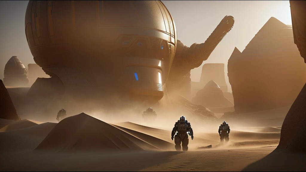 araffes in a desert with a giant object in the background, a huge robotic hand buried in the sand, scene from dune movie, film still from dune 2020, film still from movie dune-2021, unreal engine 5 render dramatic, in an arena in movie dune-2021, ps5 cinematic screen capture