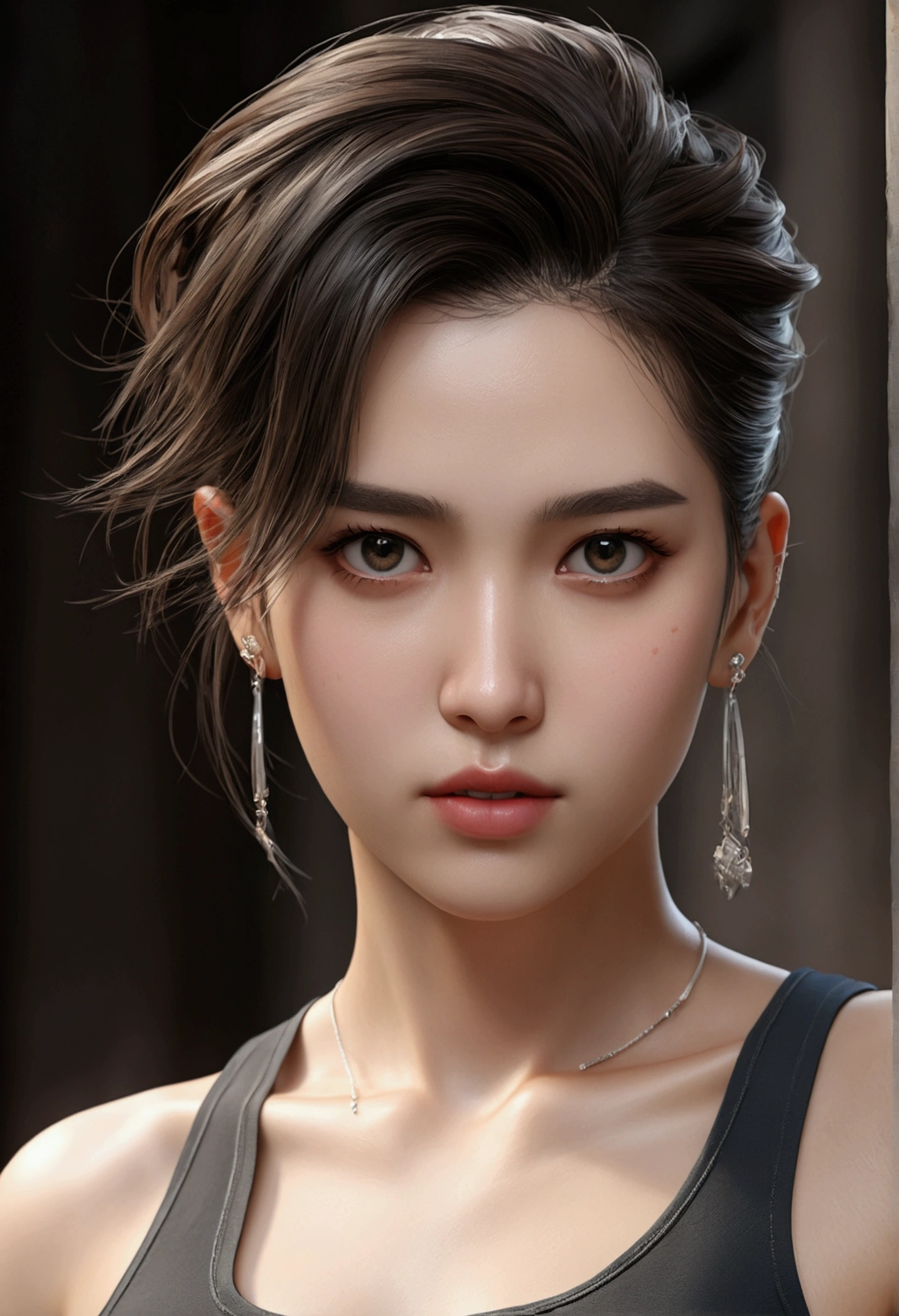 ((best quality, 8K, masterpiece :1.3)), 1 woman, Pretty woman with slim abs highlighted :1.3, (random hairstyle :1.2), Oversized tank top :1.2, very detailed face, detailed eyes, double eyelid, armpit