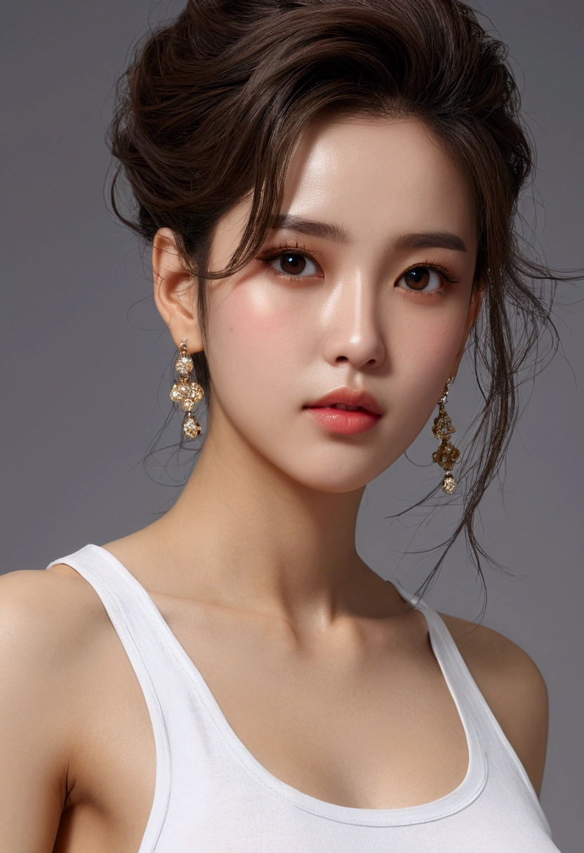 ((best quality, 8K, masterpiece :1.3)), 1 woman, Pretty woman with slim abs highlighted :1.3, (random hairstyle :1.2), Oversized tank top :1.2, very detailed face, detailed eyes, double eyelid, armpit