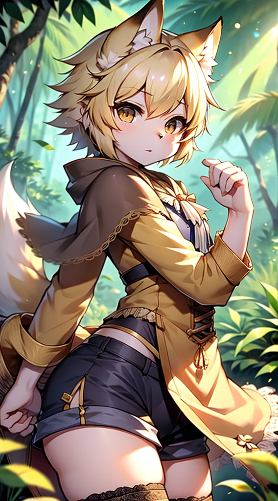 Wolf Boy，Wolf-eared boy，bow箭手少年，Hunter Junior，furry，furry，hairy，Blonde hair all over，Golden fur，Golden fur，绿色bow箭手服装，hunter costume，hunter costume，furry，白色丝绸Knee socks，Knee socks，蕾丝花边Knee socks，Lace style decoration，shorts，蕾丝花边shorts，运动shorts，皮革shorts，白色花边shorts，猎人shawl，绿色shawl，shawl，Big Ass，Pseudo-sissy ass，femboy，绿色hunter costume，Forest Background，Jungle Background，Outdoor Background，bow，手持bow，bow，手持bow，bow箭，Quiver，背着bow箭，flat chest，Chest wrap，shawl