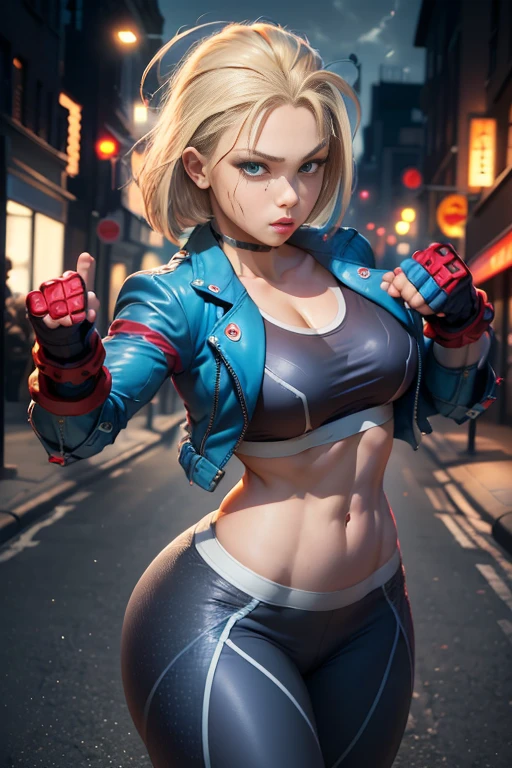 ((Best Quality, 8K, Masterpiece: 1.3)), Sharp Focus: 1.2, Beautiful Woman with Perfect Figure: 1.4, Wet Body: 1.1, Highly Detailed Face and Skin Texture, Detailed Eyes, Double Eyelids, (1girl), (Left Face Scar), (28 years old, Sexy Mature), (Vest Line, Slim Waist, Fitness Figure), (Blue Jacket), (Yoga Pants), (Buttocks), ((Big Blue Eyes, Long Eyelashes)), ((Pout)), ((Firm Nose)), Detailed Face, Best Light, Best Shadow, Edge Light, in London, Ray Tracing, Unreal Engine 5, ((Cammy white, Street Fighter 6, game CG character)), Beautiful shiny hair, (((dark gray tights))), Muscular, Collar, Abs, Big , (Fight sound effect text on screen: Street Fighter 6), Game Fight style street background, Kick and fight action, (Kung Fu Action, Comic Speed Line), ((Cammy White's Street Fighter 6 promotional poster style)), (Leg muscle line), ((Street Fighter 6 title)), neon lights, bustling and lively streets, tall buildings in the distance, at night