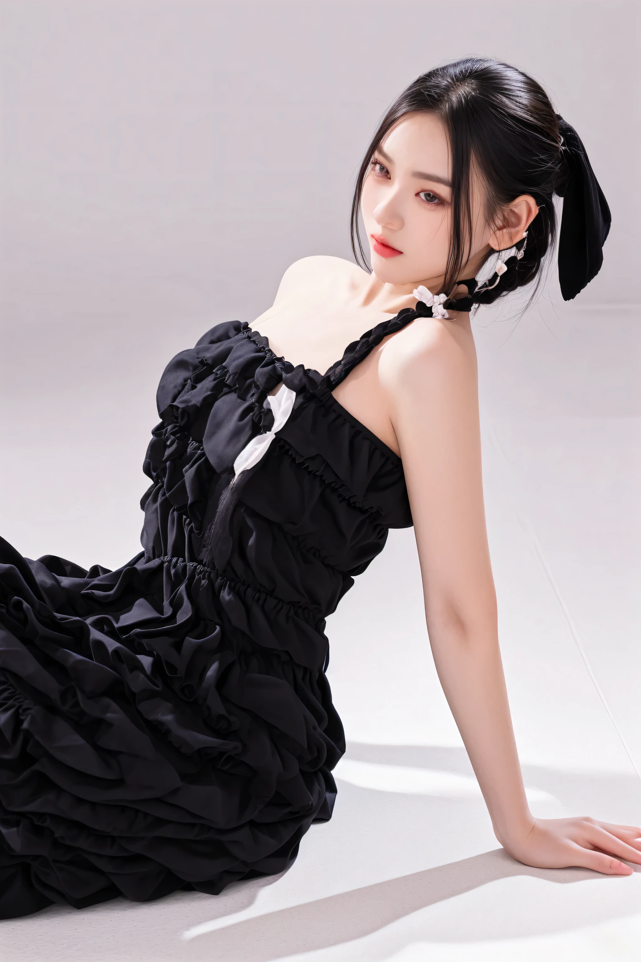 araffe woman in a black dress sitting on the floor, Yoshitomo Nara, full body xianxia, anime girl wearing a black dress, Chiho, in dress, she is wearing a black dress, frill, rin, Yasumoto Oka, trending at cgstation, japanese model, sakimichan