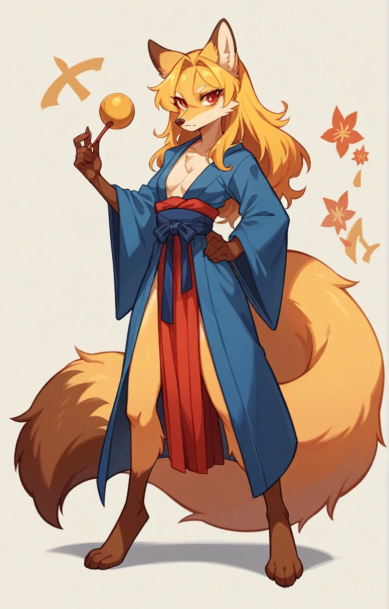 (full body,,The left hand is on the hip),((The right hand is out in front,Nine-tailed tail,,)),small breasts,Adult female fox, Furry, Golden fur, Golden facial fur, long golden hair, The hair on his hands is golden, Golden yellow hair on the back of the hand, Light-filled eyes, Red eyes, Brown elements of fur,Dark blue kimono,Dark blue hakama,Very fine fur, Fluffy tail,