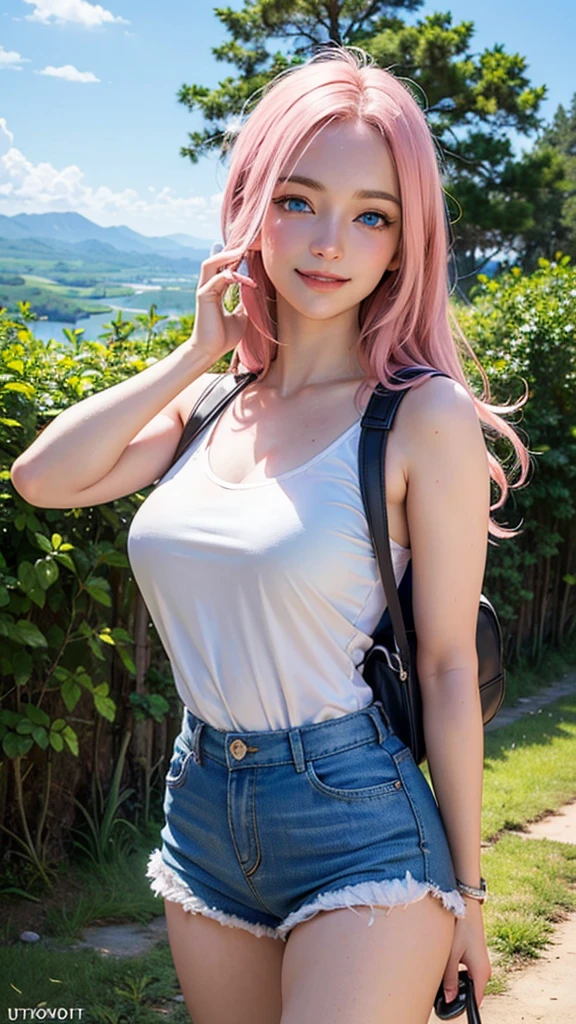 (masterpiece:2), best quality, ultra high-res, 4K, (photo realistic:1.4), original, extremely detailed, perfect lighting, backpack, traveller, hiking, waist-up portrait, extremely detailed face, (pink hair), smile, (long hair), (blue eyes:1.5), summer hiking outfit, traveller, short pants,