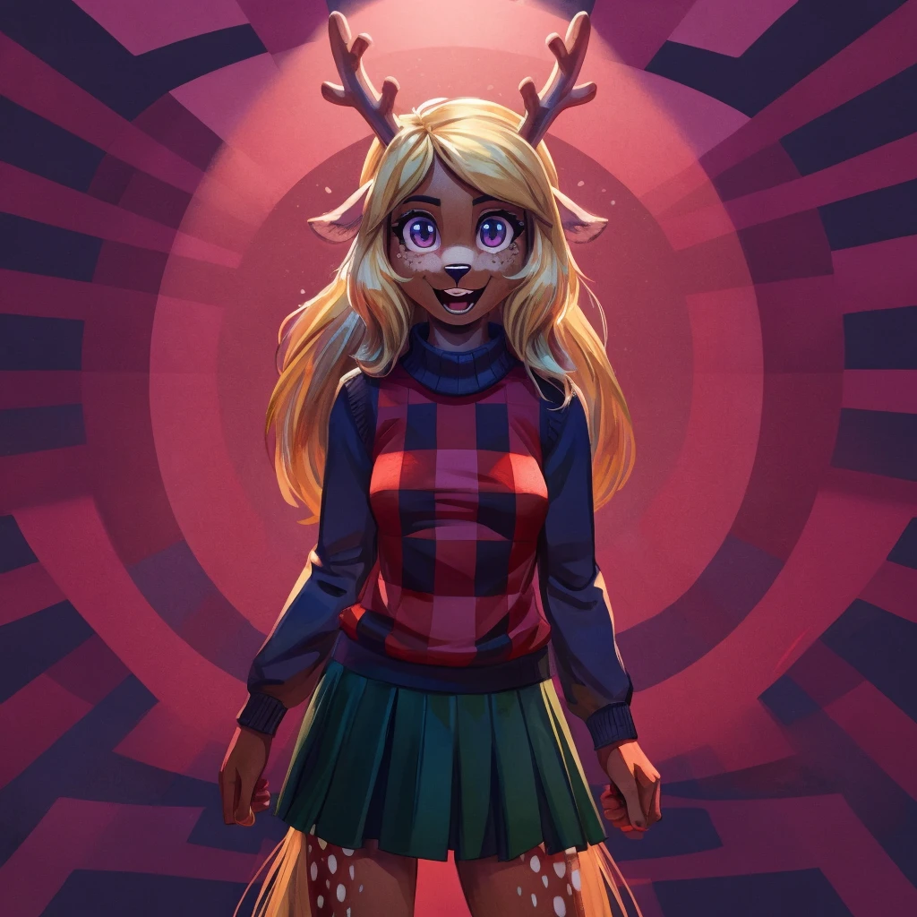 noelle, furry female anthro, deer girl, teeth, standing, portrait, skirt, checkered sweater, solo, (body fur:1.2), (best quality), (abstract background:1.2), small breasts, dramatic lighting, (detailed fluffy fur:1.1), looking at viewer, smile, open mouth, 