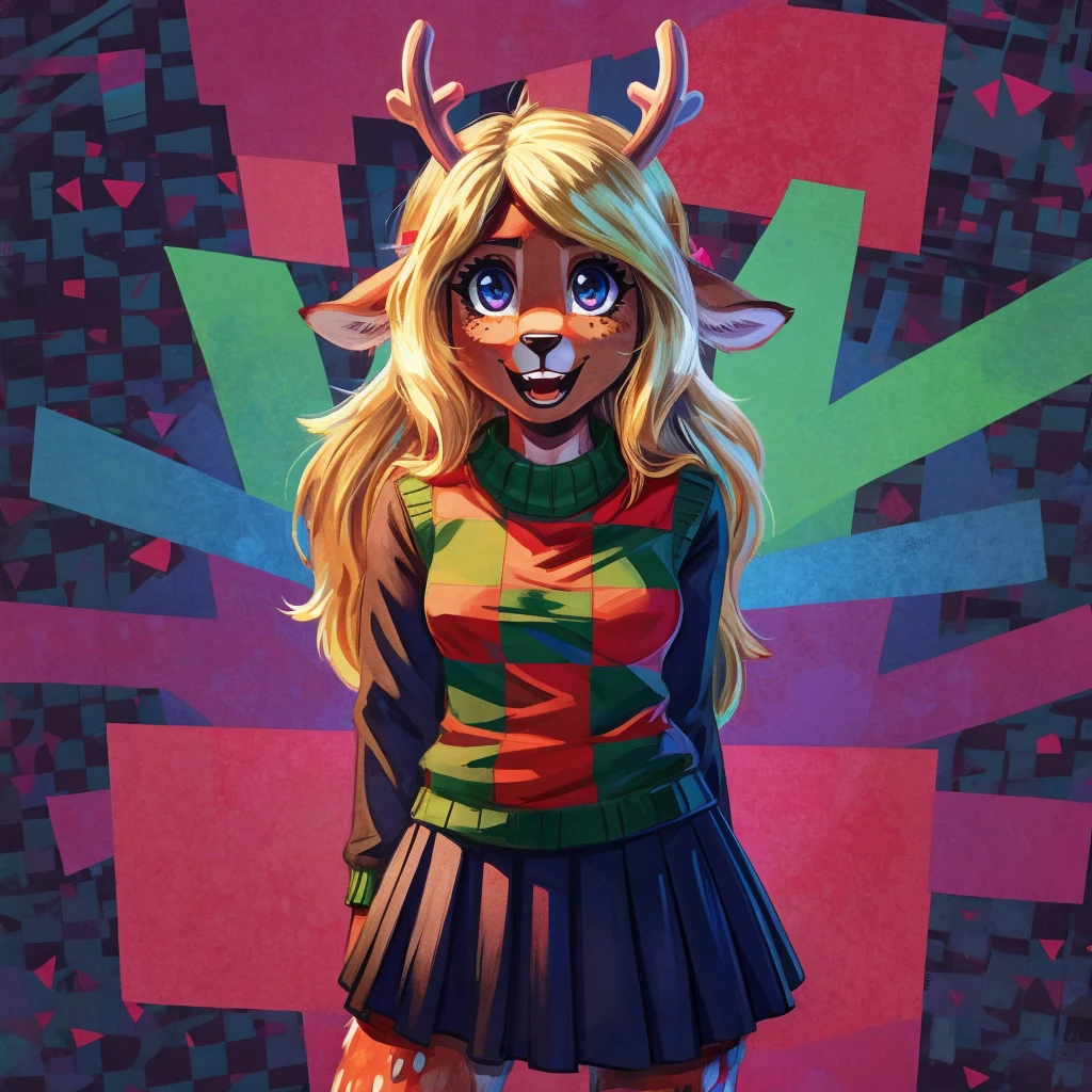 noelle, furry female anthro, deer girl, teeth, standing, portrait, skirt, checkered sweater, solo, (body fur:1.2), (best quality), (abstract background:1.2), small breasts, dramatic lighting, (detailed fluffy fur:1.1), looking at viewer, smile, open mouth, 