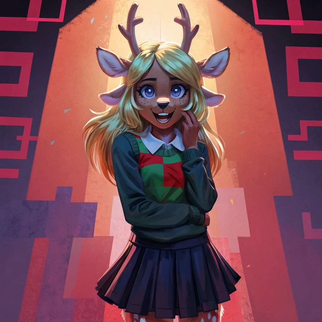 noelle, furry female anthro, deer girl, teeth, standing, portrait, skirt, checkered sweater, solo, (body fur:1.2), (best quality), (abstract background:1.2), small breasts, dramatic lighting, (detailed fluffy fur:1.1), looking at viewer, smile, open mouth, 