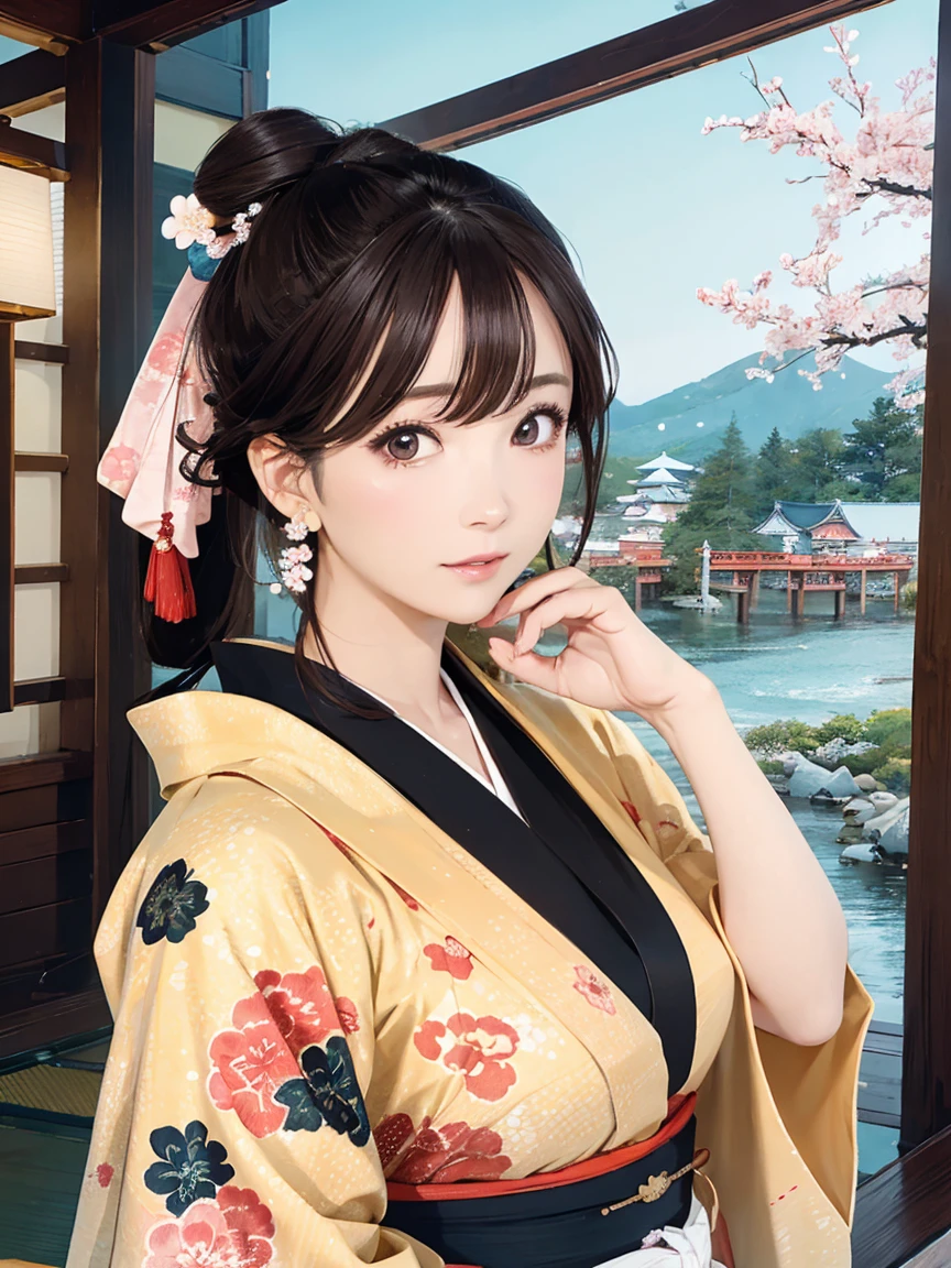 (Highest quality、 8k 、masterpiece、High resolution)、(whole body)、Vibrant colors、Brown-black bob、Traditional topknot、Ample breasts、(Highly detailed face and eyes,Beautiful Face,Beautiful Eyes,Beautiful nose,Pretty lips)、Official Art、Ukiyo-e style、 (Beautiful woman in kimono)、(Vivid floral patterned kimono)、background、river、bridge、Mountain、wood、Starry Sky、moon、cherry blossoms、Lantern、Detailed CG、