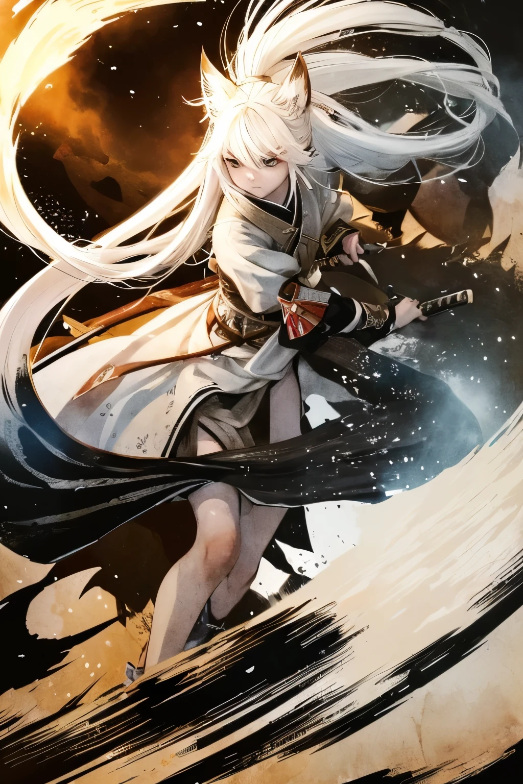 (Highest quality:1.3)。Battoujutsu。Nocturnal ghosts。One Woman。Beautiful woman。Long white straight hair。White Fox Ears。White fox tail。Samurai Raidro。Carry a large and small sword on your waist。Walking on unpaved roads。In the background is a beautiful moonlit night and distant mountains々is depicted.。