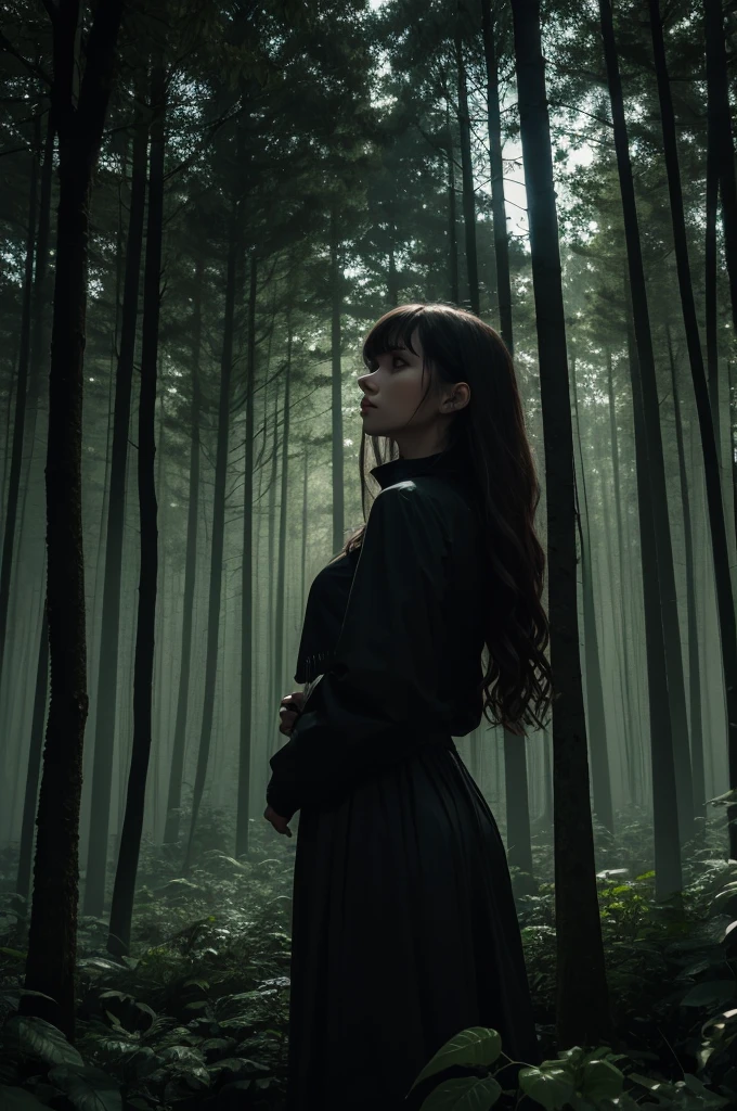 A gloomy-looking lady in a dark forest