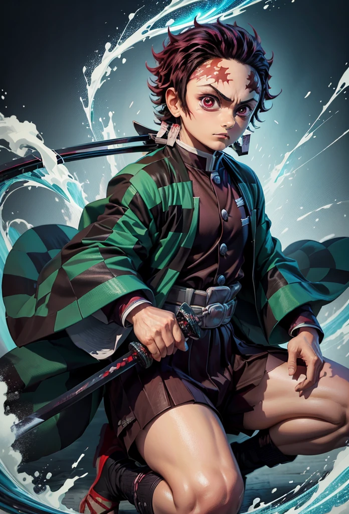 Kamado Tanjiro,(Kimetsu No Yaiba),Full Style,Ultra High Quality,Ultra High Resolution,Photograph 8K,Holding a Sword,One Boy,Ultra Detailed ,Demon Hunter Suit,Hino Kami Kagura Teknik