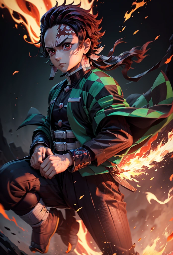 Kamado Tanjiro,(Kimetsu No Yaiba),Full Style,Ultra High Quality,Ultra High Resolution,Photograph 8K,Holding a Sword,One Boy,Ultra Detailed ,Demon Hunter Suit,Hino Kami Kagura Teknik