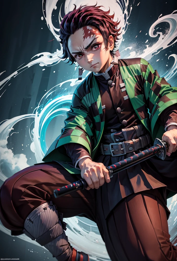 Kamado Tanjiro,(Kimetsu No Yaiba),Full Style,Ultra High Quality,Ultra High Resolution,Photograph 8K,Holding a Sword,One Boy,Ultra Detailed ,Demon Hunter Suit,Hino Kami Kagura Teknik