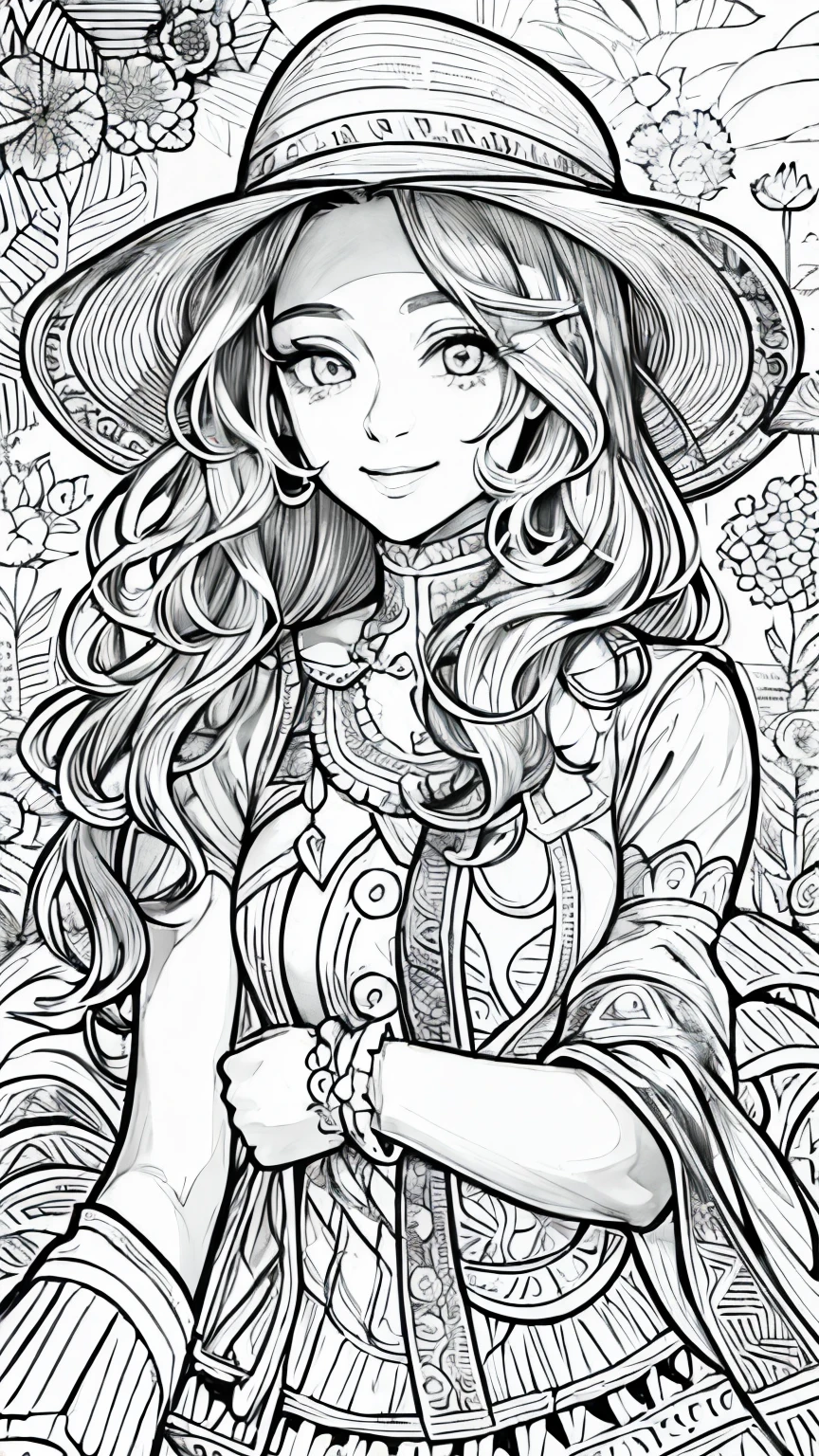 (Black and white coloring book:1.5), masterpiece, Highest quality, (Detailed Background), High Contrast, Highly detailed face, ((Eyes are clearly defined)), smile, Like what explorers wear on safari、A practical yet elegant dress, Line drawings without color or shading, Beautiful line drawing, The outline is a thick line, Hair is white, Skinny