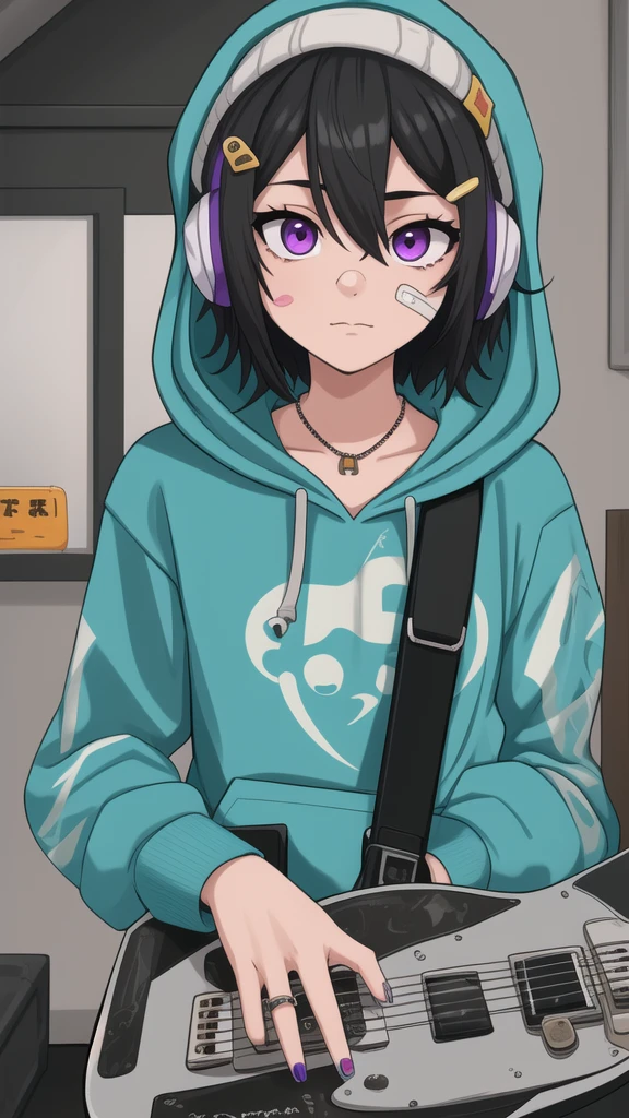 detailed_background,indoors,Black_hair,holding_phone,hairclip,hair_between_eyes,guitar,beanie,straight-on,looking_at_viewer,eyes_visible_through_hair,electric_guitar,closed_mouth,effects_pedal,headphones,upper_body,hat,hoodie,instrument,solo, purple_eyes,sticker,hood_down,phone,parental_advisory,nail_polish,smartphone,cellphone,jewelry,1girl,white_headwear,bandaid_on_nose,patch,bandaid_on_face,short_hair,original,bandaid,highres,sidelocks,holding,grey_hoodie,circuit_board,long_sleeves,aqua_nails,necklace,standing,print_hoodie,ring,hair_ornament,yorugata_mao,hood,bandaid_on_cheek