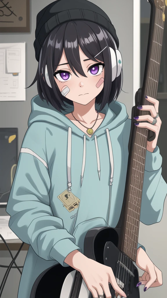 detailed_background,indoors,Black_hair,holding_phone,hairclip,hair_between_eyes,guitar,beanie,straight-on,looking_at_viewer,eyes_visible_through_hair,electric_guitar,closed_mouth,effects_pedal,headphones,upper_body,hat,hoodie,instrument,solo, purple_eyes,sticker,hood_down,phone,parental_advisory,nail_polish,smartphone,cellphone,jewelry,1girl,white_headwear,bandaid_on_nose,patch,bandaid_on_face,short_hair,original,bandaid,highres,sidelocks,holding,grey_hoodie,circuit_board,long_sleeves,aqua_nails,necklace,standing,print_hoodie,ring,hair_ornament,yorugata_mao,hood,bandaid_on_cheek