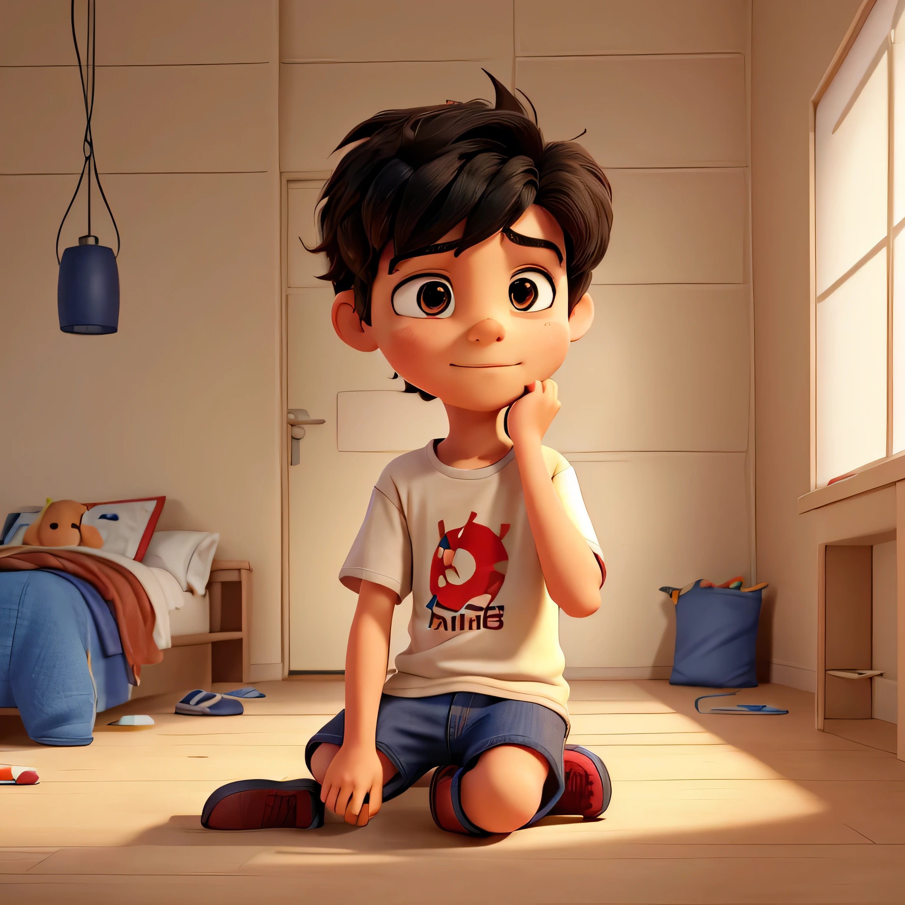 Describe a 7--old istic boy in his room with both hands covering his ears. He is sitting in the corner of the room with his head down, scared and bothered by the noise . He has messy black hair and brown eyes . Is wearing a bright red t-shirt, comfortable denim shorts and worn sneakers. . The walls are light beige tones.