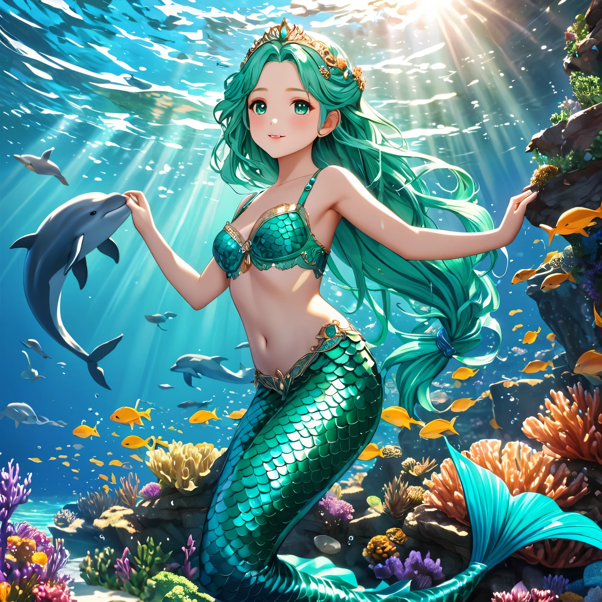 cute 6 year old mermaid with mint green hair bind in two braids in the ocean below the surface swimming with a dolphin in the sunlight, sun is shining, wears a turquois glittery mermaid bra, beautiful mermaid, beautiful detailed human face,  alluring eyes, elaborated mermaid mint green turquois tail, serene, masterpiece, full body shot, highres, high resolution, high quality, intricate details, extremely detailed, incredible details, full colored, complex details, insanely detailed and intricate, extremely detailed with rich colors. masterpiece, best quality, HDR, UHD, unreal engine, High quality, gorgeous, glamorous, 8k, super detail, gorgeous light and shadow, detailed decoration, detailed lines, glittery, fantasy, pretty colors, anime style
