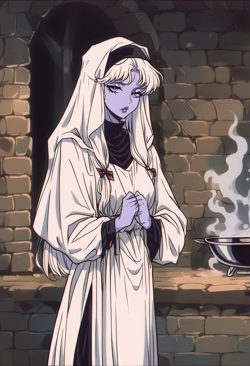 (1 girl, Short snow white hair, big purple beautiful eyes with long eyelashes, beautiful serious face, dark gray-blue skin elf, long ears, Drow), ((Cooking)), (Girl in an apron, cook), (fantasy, tavern, warm lighting, soft light, Evening atmosphere, Medieval), ((Detailed face, whole body, cooking cloth))