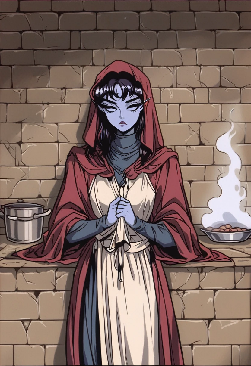 (1 girl, Short snow white hair, big purple beautiful eyes with long eyelashes, beautiful serious face, dark gray-blue skin elf, long ears, Drow), ((Cooking)), (Girl in an apron, cook), (fantasy, tavern, warm lighting, soft light, Evening atmosphere, Medieval), ((Detailed face, whole body, cooking cloth))