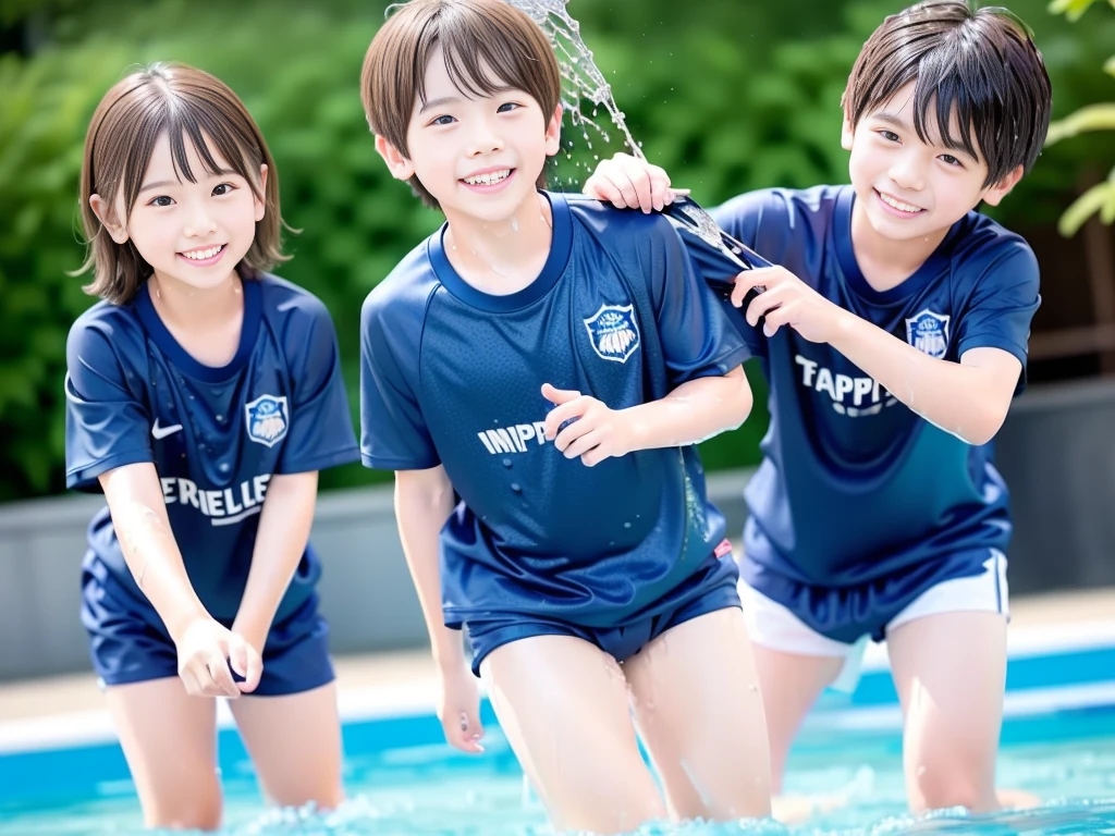 hot summer、primary school、Summer swimming pool、It is sunny、Pouring water on each other、Audible laughter、A lot of boys、Get wet all over、Japan Boy、Glowing water splashes、Pool lessons、Boy playing in water、The happy boys、Strong sunlight、Short sleeve gym uniform、Blue shorts、barefoot,There are only boys 、10Year old boy、9Year old boy、Highest quality、masterpiece