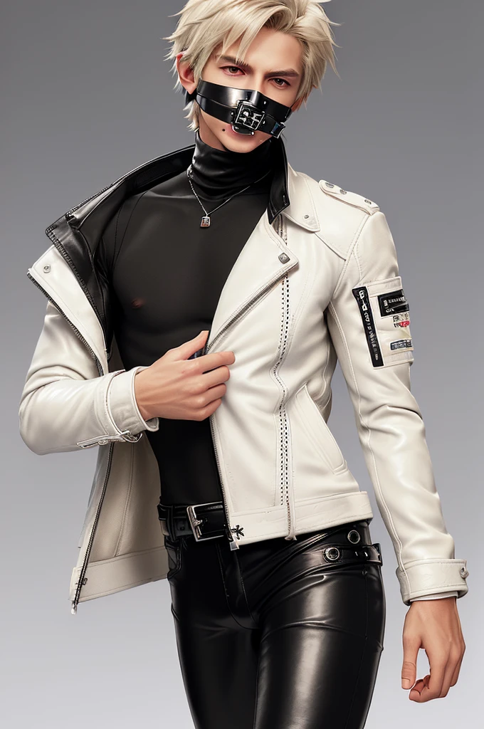 Final fantasy taste and reality graphics, Japanese young cute and cool ikemen boy, his age is early 20s, thin eyebrows and beady eyes, ((he wearing off white color leather thick material jacket)), ((jacket is singlebrest)), biker style jacket, with epaulet, jacket is long sleeve, ((must close the front of the leather jacket)), , ((voluminous leather jacket)), ,((must jacket is high length and stand-up collar)) ((jacket collar with two belts)), ((jacket is a little black color line pattern)),((close the front of the jacket)), ((also wearing black thick material turtleneck lackluster shirts)), ((tight black leather pants)), ((black leather tight and thin glove)), ((black leather knee-high raceup boots)),((must views head-to-toe)),((must views whole body)), ,((Do not show skin from the neck down)),leather jacket leather glove and leather pants have few wrinkles, Avoid showing your innerwear,zip up jacket fastner.must put on a leather glove.
Bous face is expression of ecstasy.
Boy is black hair.boy looks like fashion model.
((beige color packing tape)) ((gagged wrapped around his mouth)) ((put packing tape on his mouth ))