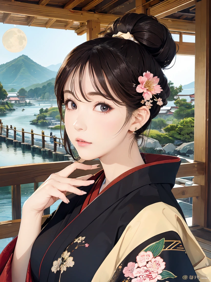 (Highest quality、 8k 、masterpiece、High resolution)、(whole body)、Vibrant colors、Brown-black bob、Traditional topknot、Ample breasts、(Highly detailed face and eyes,Beautiful Face,Beautiful Eyes,Beautiful nose,Pretty lips)、Official Art、Ukiyo-e style、 (Beautiful woman in kimono)、(Vivid floral patterned kimono)、background、river、bridge、Mountain、wood、Starry Sky、moon、cherry blossoms、Lantern、Detailed CG、