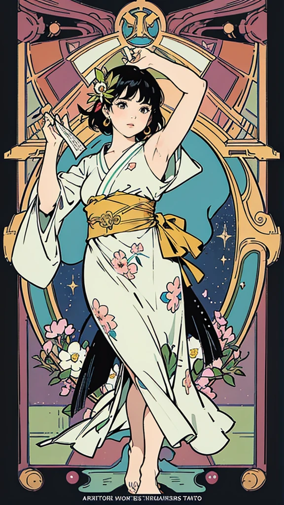 Tarot Cardasterpiece、Highest quality、Amazing details、Detailed Background、Line art、Written boundary depth、Flat Shading、Mucha style、Art Nouveau、Botanical Art、Flower Art、Surrounded by many flowers、、girl、15 years old、Japanese idol costumes from the 1980s、Vintage Color、colorful、Anatomically correct、plump、Showing off your armpits、Expressive eyes、Perfect Face、Black Hair、short hair、Seiko-chan Cut、Embarrassing、She is blushing、Browsing Caution