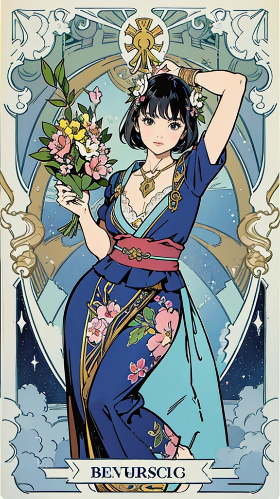 Tarot Cardasterpiece、Highest quality、Amazing details、Detailed Background、Line art、Written boundary depth、Flat Shading、Mucha style、Art Nouveau、Botanical Art、Flower Art、Surrounded by many flowers、、girl、、Japanese idol costumes from the 1980s、Vintage Color、colorful、Anatomically correct、plump、Showing off your armpits、Expressive eyes、Perfect Face、Black Hair、short hair、Seiko-chan Cut、Embarrassing、She is blushing、Browsing Caution