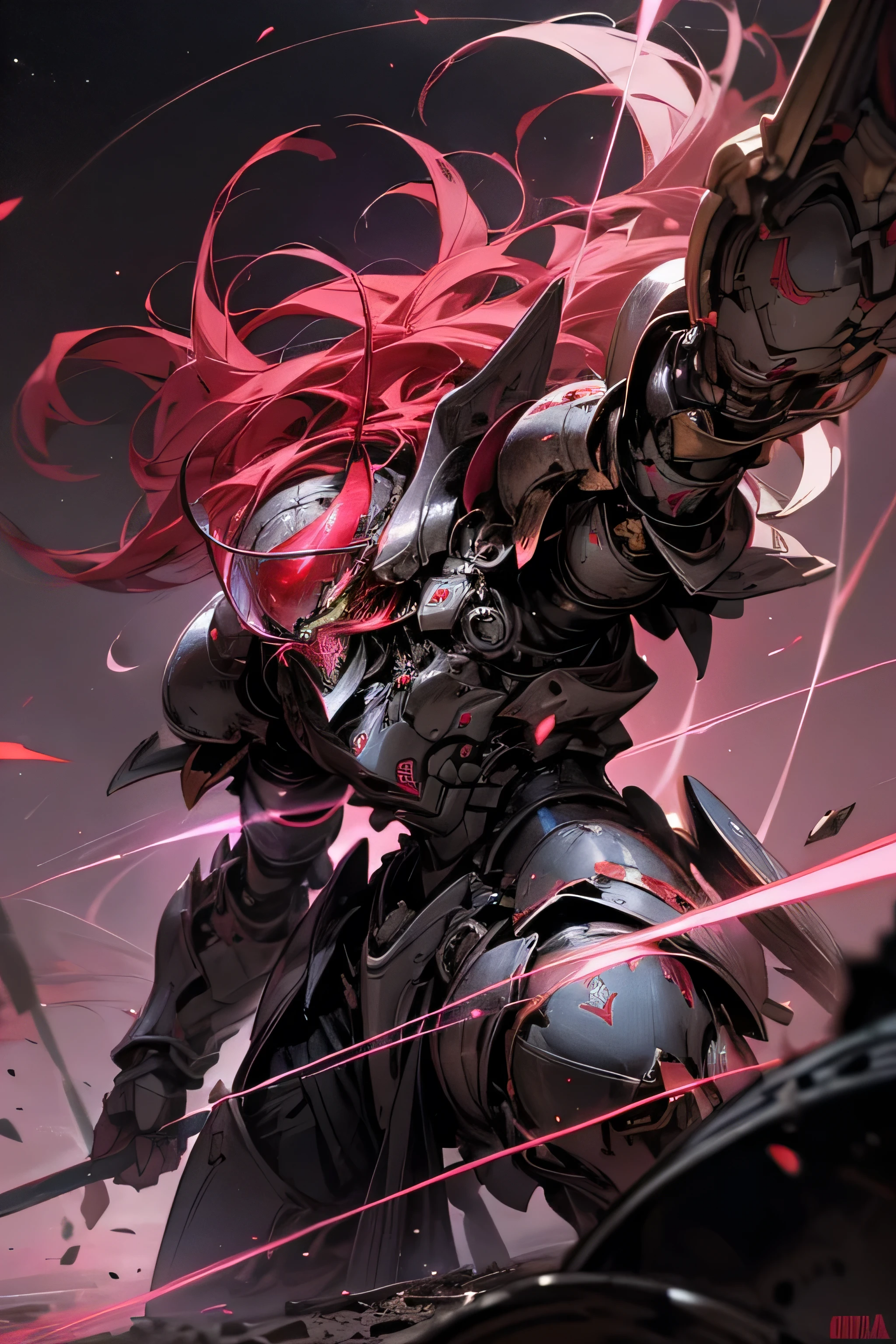 man, broken armor, purple armor, red flashes, Symbol "omega" in the sky, in the sky un simbolo omega rojo