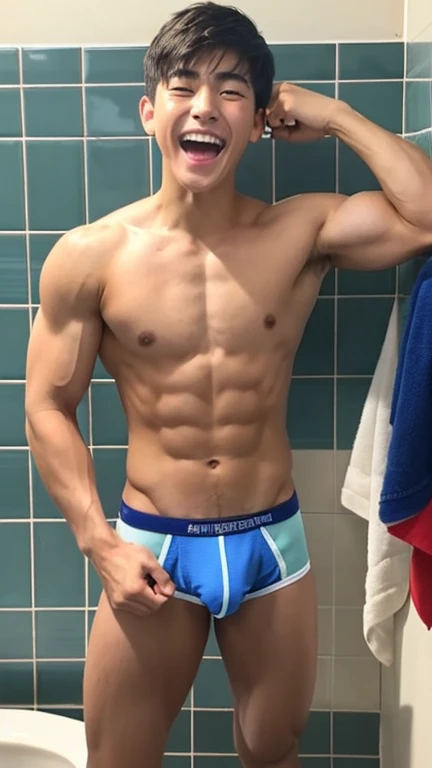 masterpiece、Japanese men、、Muscles and smooth skin、Very short black hair、A relaxed and friendly smile、Vivid colored thin boxer briefs、The whole body is well visible、Fist pump in the bathroom、Laughing with mouth open