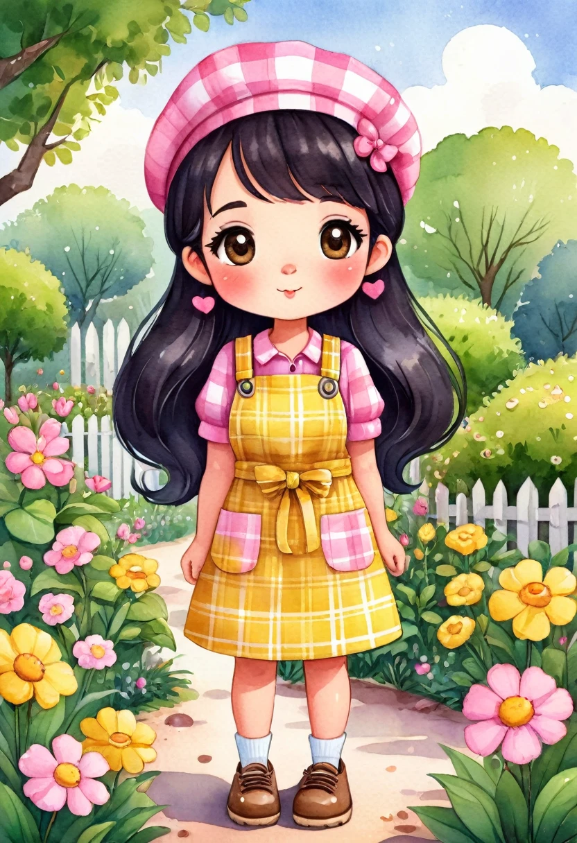 a watercolor illustration of a cute African  standing in a garden, she has a pink beret on her head. She is dressed in a yellow plaid dress and a pink apron over it, with yellow shoes on her feet. She has black hair and big brown eyes. Cute art style, cute cartoon character, cute digital art, cute detailed digital art, cute art, cute cartoon, cute cartoon style, cartoon style illustration, cute character, cute illustration, cute kawaii girl, detailed art cute, cute woman, cute girl, cartoon art style, adorable digital painting, chibi girl.