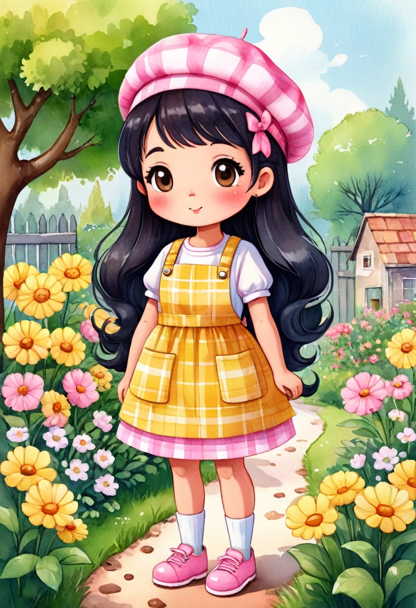 a watercolor illustration of a cute African  standing in a garden, she has a pink beret on her head. She is dressed in a yellow plaid dress and a pink apron over it, with yellow shoes on her feet. She has black hair and big brown eyes. Cute art style, cute cartoon character, cute digital art, cute detailed digital art, cute art, cute cartoon, cute cartoon style, cartoon style illustration, cute character, cute illustration, cute kawaii girl, detailed art cute, cute woman, cute girl, cartoon art style, adorable digital painting, chibi girl.