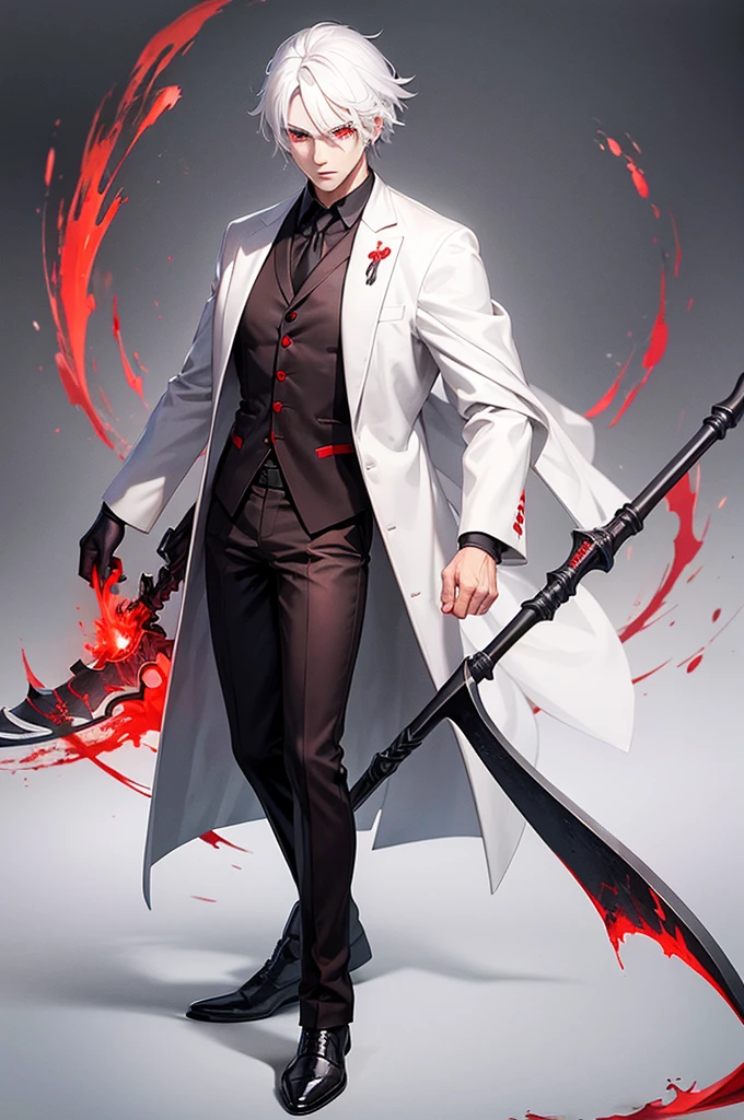 a man standing with his scythe, white hair, red eyes, glowing eyes, masterpiece, 8k, hd, bloodstains on his clothes, hd quality