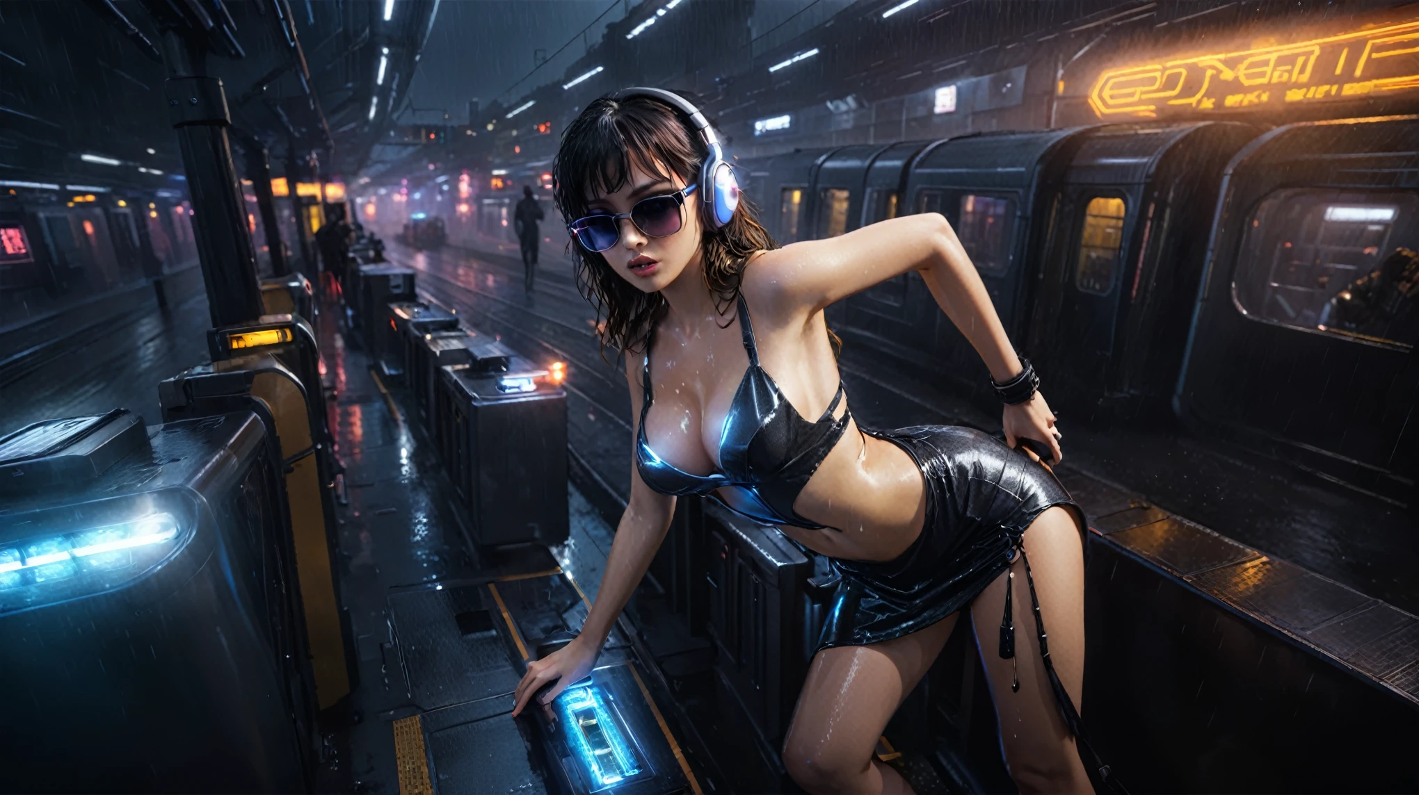 (((aerial view))), Blade Runner style futuristic railway platform, hi-tech train, neon lights, rainy night. (1girl, solo, alone), large-breast:1.2 slim body, cleavage:1.1, sexy wind blowing wet dress:1.4, headphone, (micro:0.8 black sunglasses), (((she raised a pistol:1.8 and shot:1.8 the viewer))), dynamic pose, (((half-body thigh level medium shot))), cinematic lighting, lens flare, ray tracing, zoom-in blurred:1.4 background.