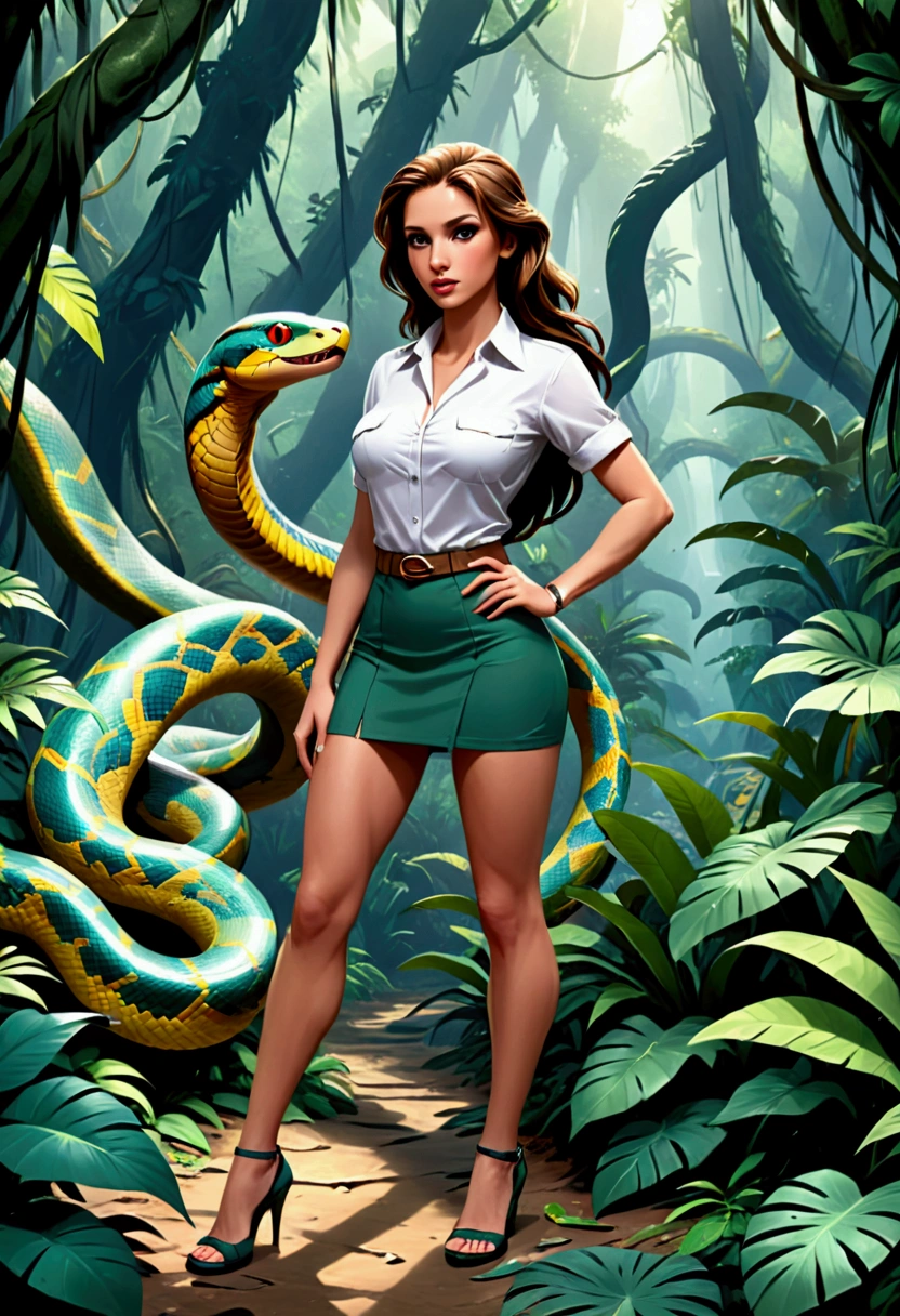 high details, best quality, 16k, [ultra detailed], masterpiece, best quality, dynamic angle, ultra wide shot, RAW, photorealistic, fantasy art, realistic art, a picture of a computer engineer  getting lost in the jungle, computer engineer, wearing white button shirt,  dynamic skirt, dynamic colors, wearing stiletto heels, full body, (an extremely beautiful: 1.3), (best detailed face: 1.4), dynamic hir color, dynamic hair style, dynamic eyes color, sense of confusion, sense of helplessness, jungle trees, plenty of (jungle veins: 1.2), (jungle flowers: 1.1), a (snake: 1.3) lurking by, high details, fantasy art, RPG art best quality, 16k, ultra detailed, masterpiece, best quality, (ultra detailed), full body, ultra wide shot, photorealistic, Hyperrealism style