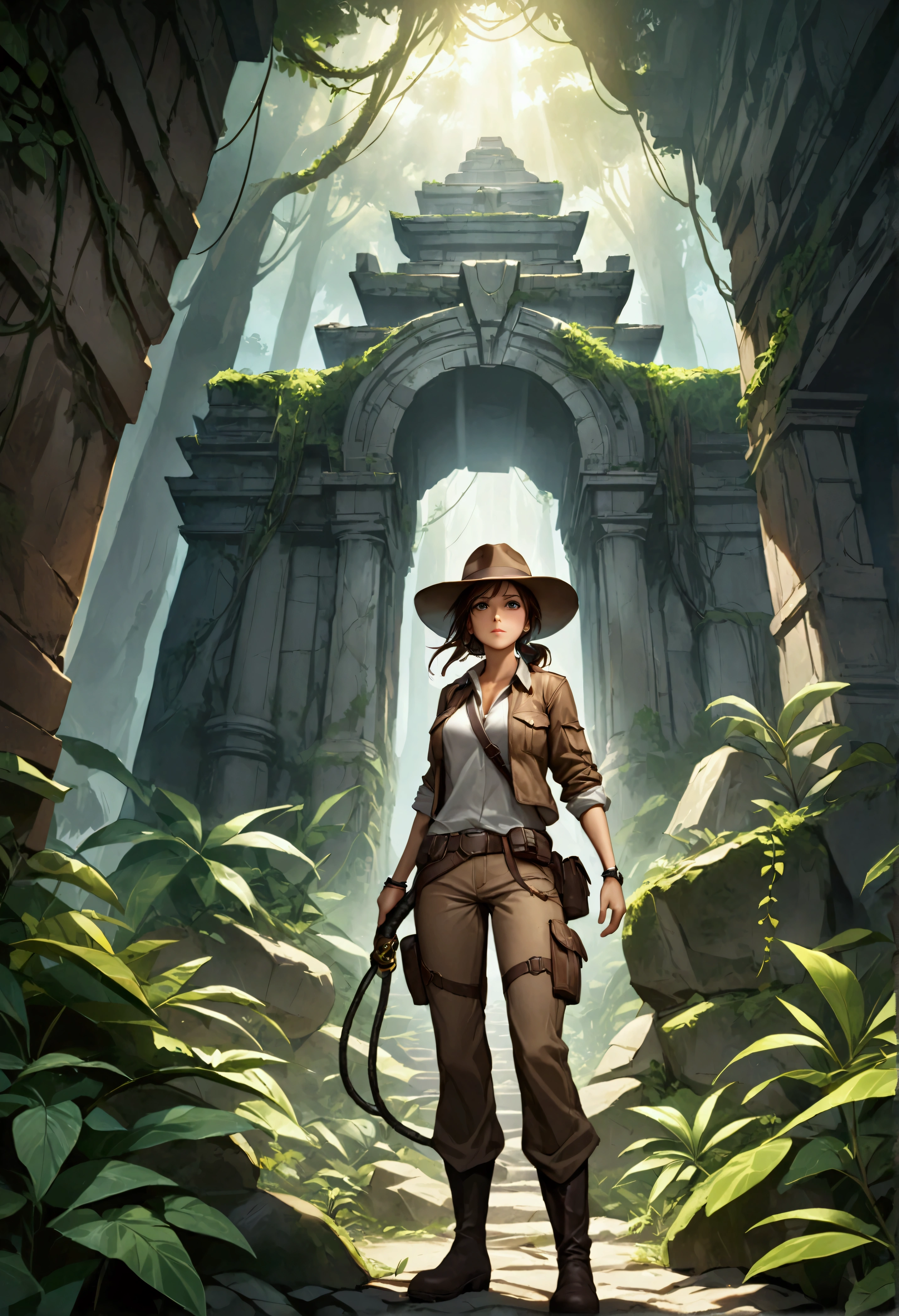 Create a breathtaking, ultra-high-definition image in 16K resolution that captures the adventurous and thrilling essence of a legendary expedition, inspired by the art styles of Tomb Raider and Indiana Jones. | Visualize two fearless female adventurers navigating through an ancient, jungle-covered temple. One of the adventurers, reminiscent of Lara Croft, is equipped with a brown leather jacket, cargo pants, and sturdy boots. She has a confident and determined expression, with tousled brown hair and sharp, intelligent eyes. The other adventurer, inspired by Indiana Jones, sports a fedora hat, a whip coiled at her side, and a rugged, weathered look. Her attire includes a classic adventurer's outfit with a khaki shirt and brown trousers. | The scene is set deep within a lush, overgrown jungle, with vines and ancient stone ruins all around. The temple is partially hidden by dense foliage, with rays of sunlight piercing through the canopy, creating dramatic and mysterious lighting. The adventurers are captured in mid-action as they uncover a hidden artifact, their expressions reflecting the thrill of discovery and the challenges they face. | The camera angle should capture the full bodies of both adventurers, emphasizing their dynamic poses and the rugged terrain they traverse. Their surroundings should evoke a sense of history and mystery, with shadows and light playing across the scene to enhance the adventurous atmosphere. | Rendered in ultra-high definition with UHD and retina quality, this masterpiece ensures anatomical correctness and textured skin with super detail. With a focus on high quality and accuracy, this award-winning portrayal captures every nuance in stunning 16k resolution, immersing viewers in its lifelike depiction. | ((perfect_composition, perfect_design, perfect_layout, perfect_detail, ultra_detailed)), ((enhance_all, fix_everything)), More Detail, Enhance.