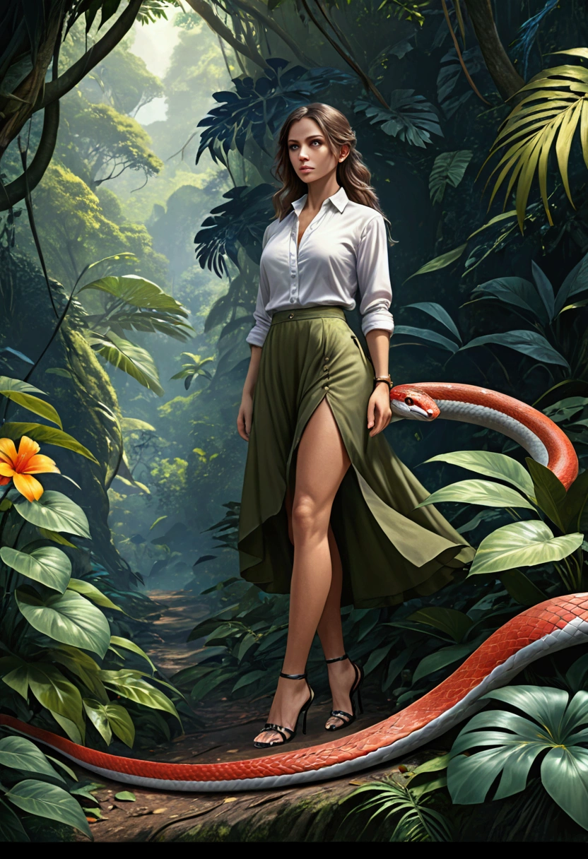 high details, best quality, 16k, [ultra detailed], masterpiece, best quality, dynamic angle, ultra wide shot, RAW, photorealistic, fantasy art, realistic art, a picture of a computer engineer  getting lost in the jungle, computer engineer, wearing white button shirt,  dynamic skirt, dynamic colors, wearing stiletto heels, full body, (an extremely beautiful: 1.3), (best detailed face: 1.4), dynamic hir color, dynamic hair style, dynamic eyes color, sense of confusion, sense of helplessness, jungle trees, plenty of (jungle veins: 1.2), (jungle flowers: 1.1), a (snake: 1.3) lurking by, high details, fantasy art, RPG art best quality, 16k, ultra detailed, masterpiece, best quality, (ultra detailed), full body, ultra wide shot, photorealistic, Hyperrealism style