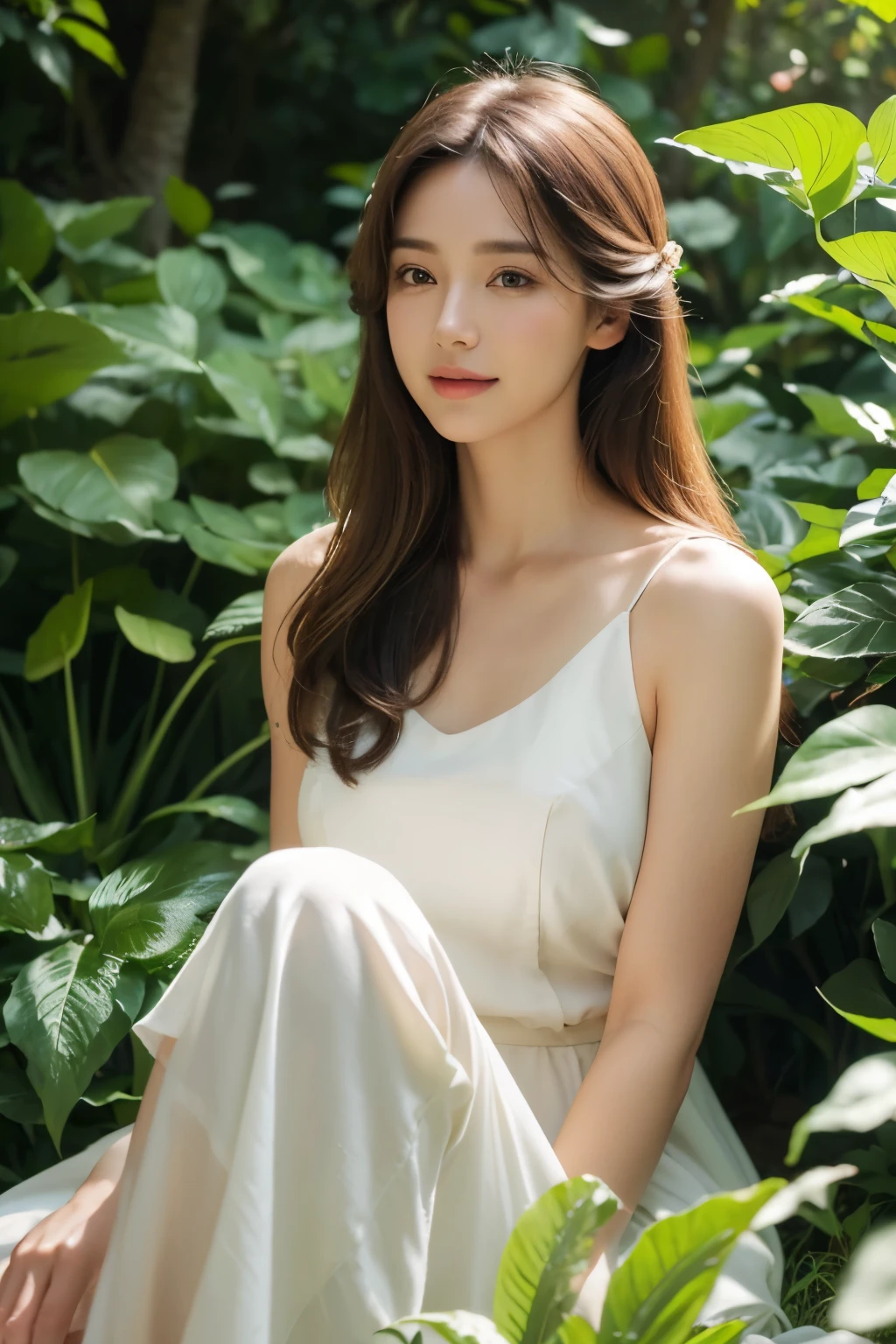 (best quality,4k,8k,highres,masterpiece:1.2),ultra-detailed,(realistic,photorealistic,photo-realistic:1.37),A girl in a garden,illustration,soft lighting,vibrant colors,greenery,detailed flowers,peaceful atmosphere,casually sitting,comfortable,relaxed,pleasant,medium:oil painting,beautiful detailed eyes,beautiful detailed lips,long eyelashes,gentle smile,flowing hair,feminine features,subtle sunlight filtering through the leaves,blurred background,lush trees and bushes,butterflies flying around,light breeze,stunning nature,optimistic,serene