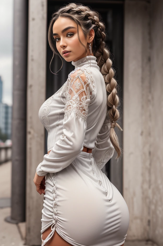 Sommer Ray ultra realistic 8k cg, masterpiece, ((ultra detailed background, delicate pattern, intricate detail)), (highly detailed, fine details), best quality, 1girl, (photorealistic:1.4),beautiful lighting, absurdres, RAW photo, film grain, ((large breasts, slim girl)), 1girl, MeiMei, solo, long hair, braid, dress, hair over one eye, smile, long sleeves, braided bangs, black dress, braided ponytail, white hair, puffy sleeves, holding, turtleneck dress, makeup, grey hair, red lips, one eye covered, lipstick, parted lips, single braid, (complex detailed background, outside, urban environment, cowboy shot, showing ass),