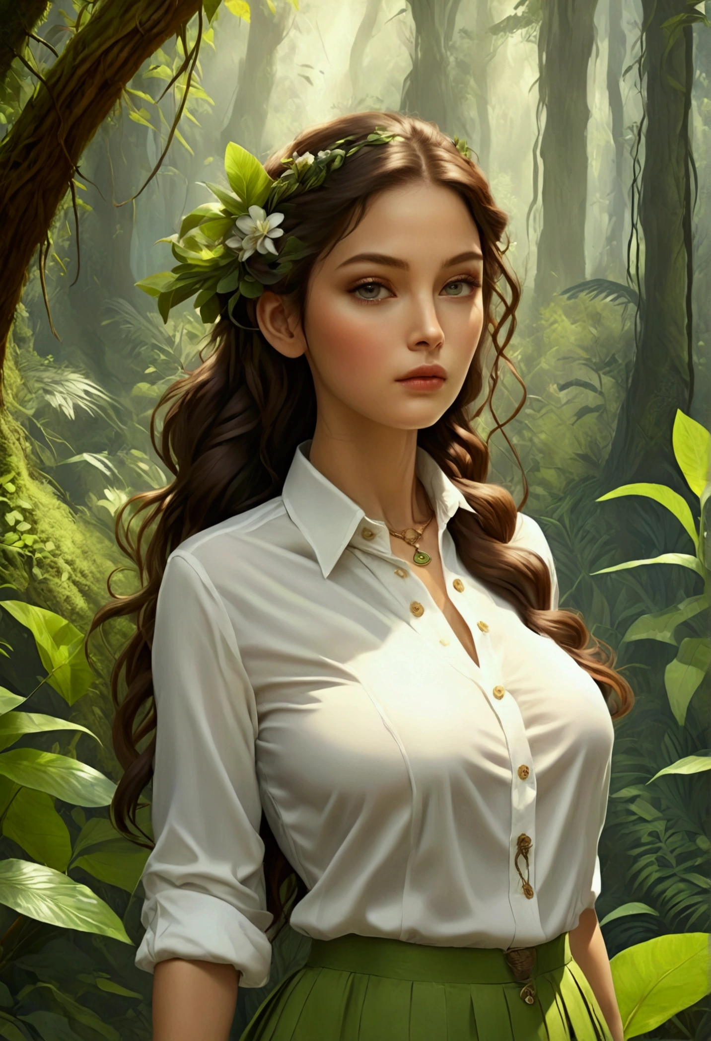 high details, best quality, 16k, [ultra detailed], masterpiece, best quality, dynamic angle, ultra wide shot, RAW, photorealistic, fantasy art, realistic art, a picture of a computer engineer  getting lost in the jungle, computer engineer, wearing white button shirt,  dynamic skirt, dynamic colors, wearing stiletto heels, full body, (an extremely beautiful: 1.3), (best detailed face: 1.4), dynamic hir color, dynamic hair style, dynamic eyes color, sense of confusion, sense of helplessness, jungle trees, plenty of (jungle veins: 1.2), (jungle flowers: 1.1), a (snake: 1.3) lurking by, high details, fantasy art, RPG art best quality, 16k, ultra detailed, masterpiece, best quality, (ultra detailed), full body, ultra wide shot, photorealistic, Hyperrealism style