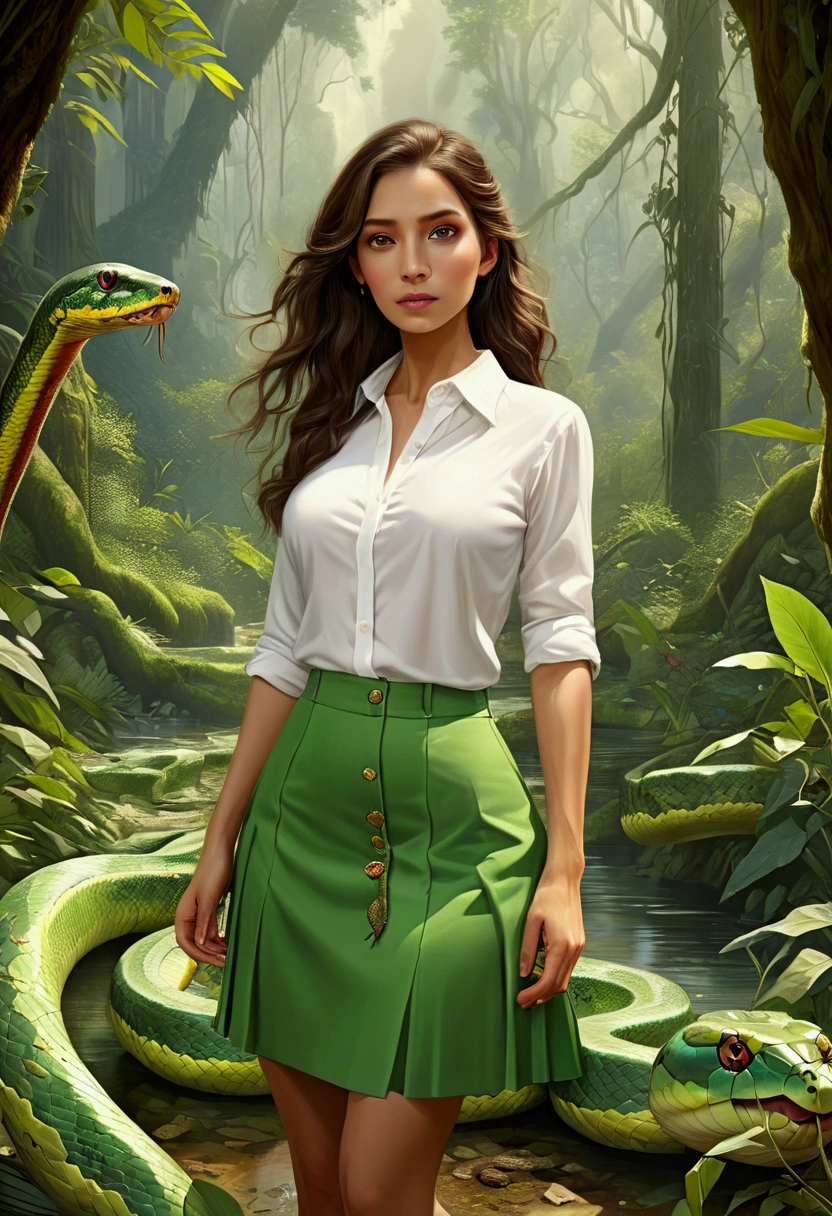 high details, best quality, 16k, [ultra detailed], masterpiece, best quality, dynamic angle, ultra wide shot, RAW, photorealistic, fantasy art, realistic art, a picture of a computer engineer  getting lost in the jungle, computer engineer, wearing white button shirt,  dynamic skirt, dynamic colors, wearing stiletto heels, full body, (an extremely beautiful: 1.3), (best detailed face: 1.4), dynamic hir color, dynamic hair style, dynamic eyes color, sense of confusion, sense of helplessness, jungle trees, plenty of (jungle veins: 1.2), (jungle flowers: 1.1), a (snake: 1.3) lurking by, high details, fantasy art, RPG art best quality, 16k, ultra detailed, masterpiece, best quality, (ultra detailed), full body, ultra wide shot, photorealistic, Hyperrealism style